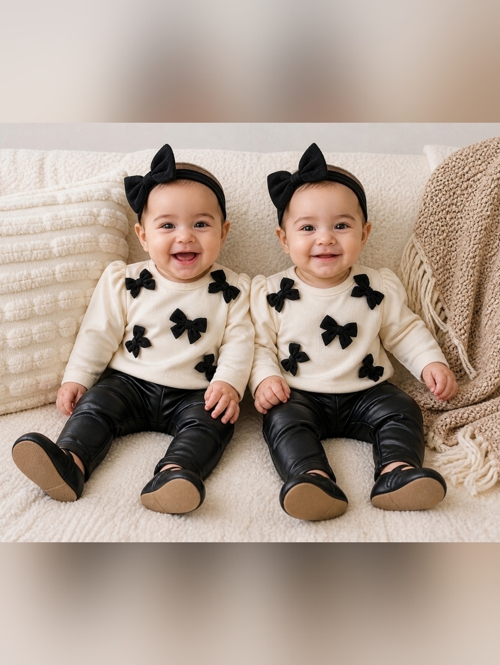 Nicole Miller Twin Baby Girl Sets 2 Matching Outfits Cream Bow Tops Faux Leather